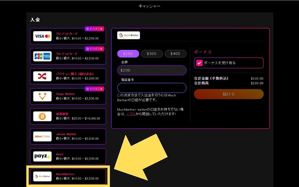インターカジノの入金画面MuchBetter選択